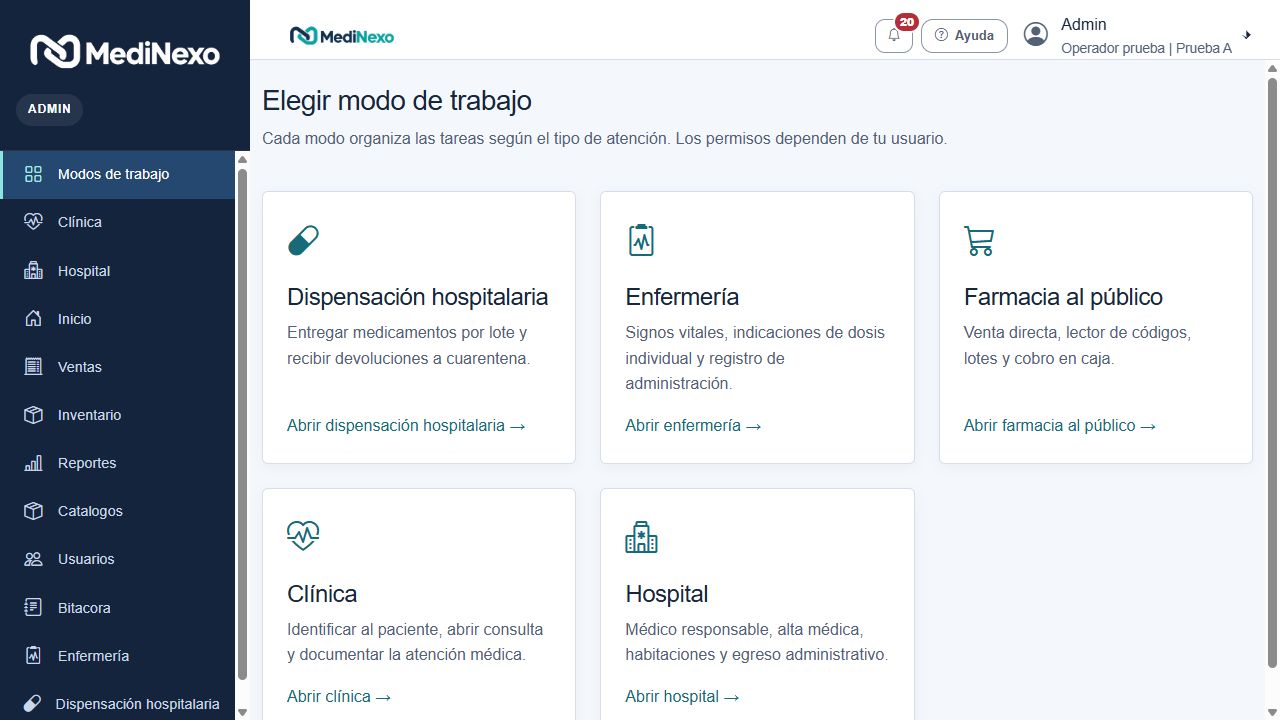 Pantalla real de MediNexo para elegir farmacia, clínica, hospital, enfermería y dispensación