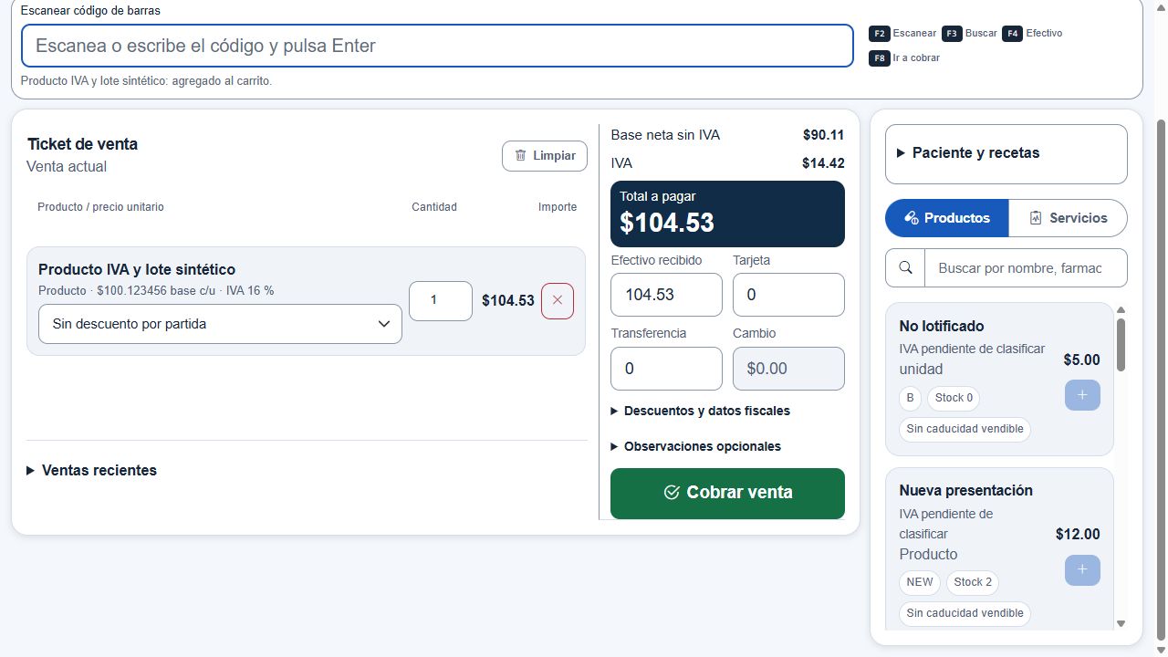Detalle real del mostrador con partidas, subtotal, IVA y cobro